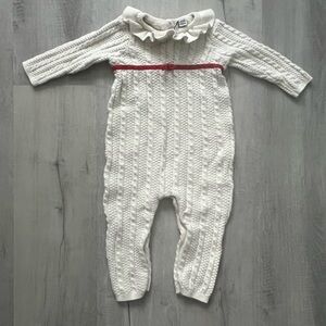 Janie and Jack Cream Cable-Knit Ruffle Collar One-Piece with Red Trim